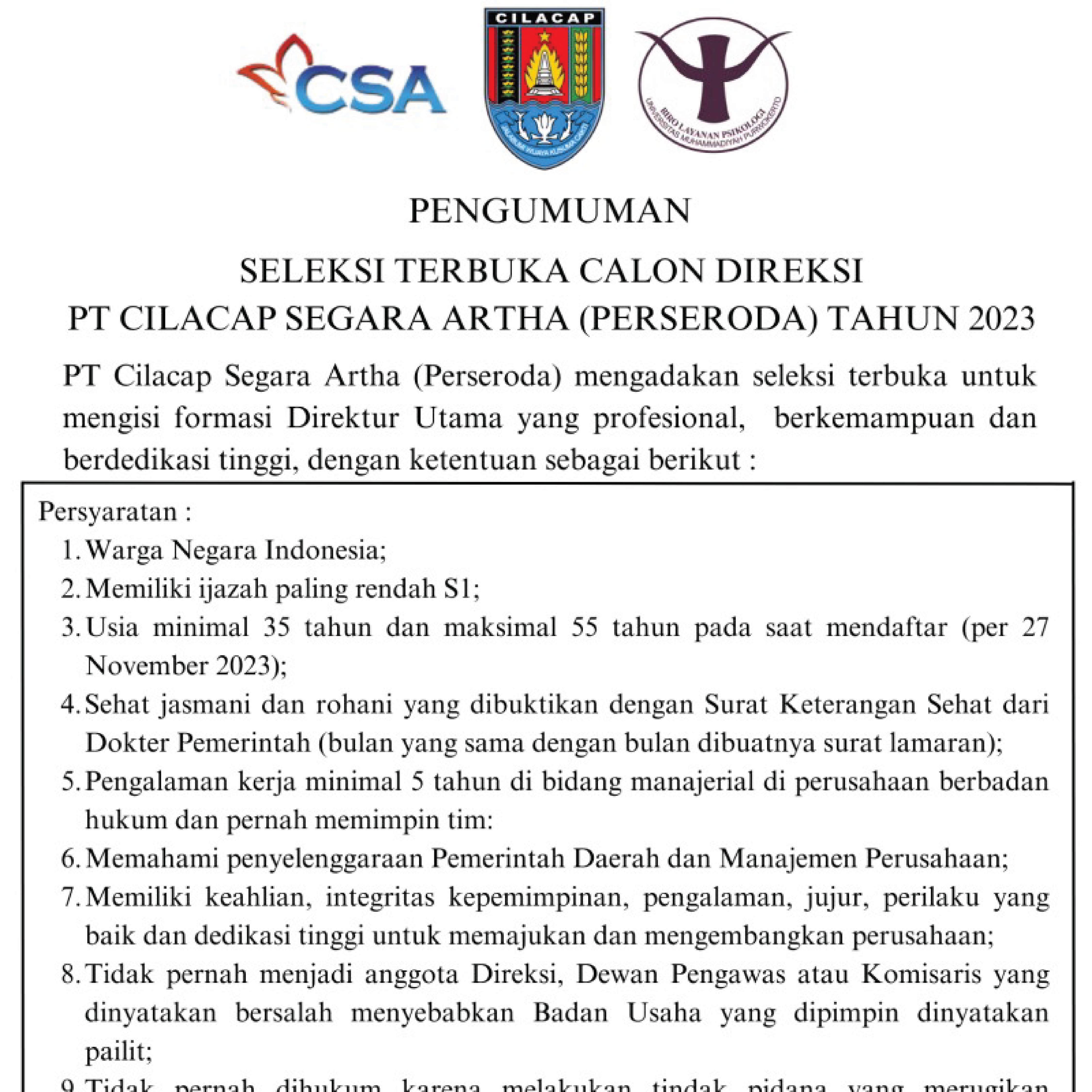 Pengumuman Seleksi Terbuka Calon Direksi PT Cilacap Segara Artha (Perseroda) Tahun 2023