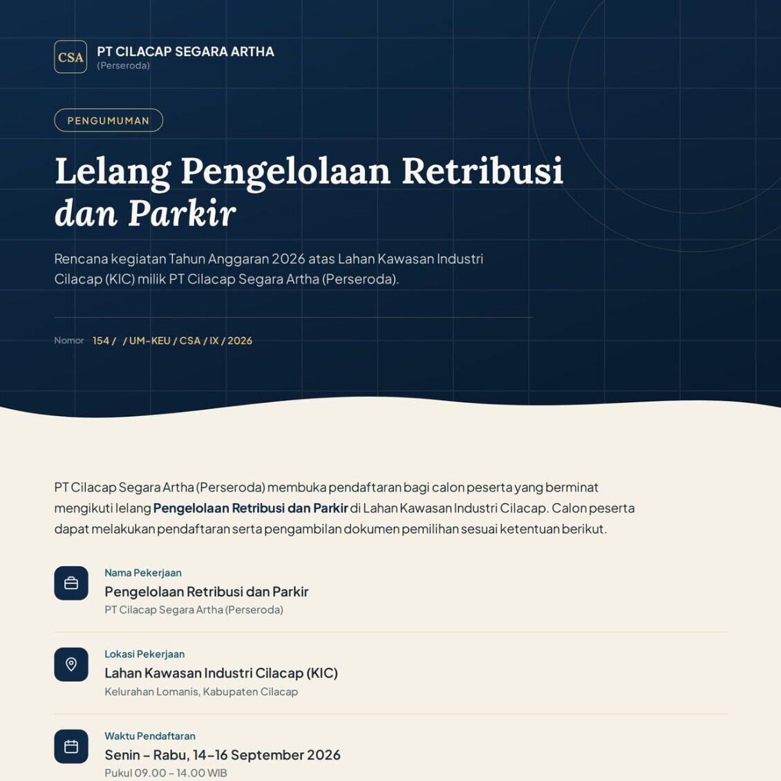 Pengumuman Lelang Pekerjaan Retribusi dan Parkir PT Cilacap Segara Artha (Perseroda)